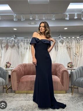Off-Shoulder Navy Evening Gown with Statement Collar